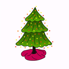 Flat christmas tree with lights and tree skirt, whita background