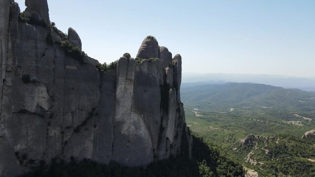 Aerial views of Montserrat peaks, a mountain range in Catalonia