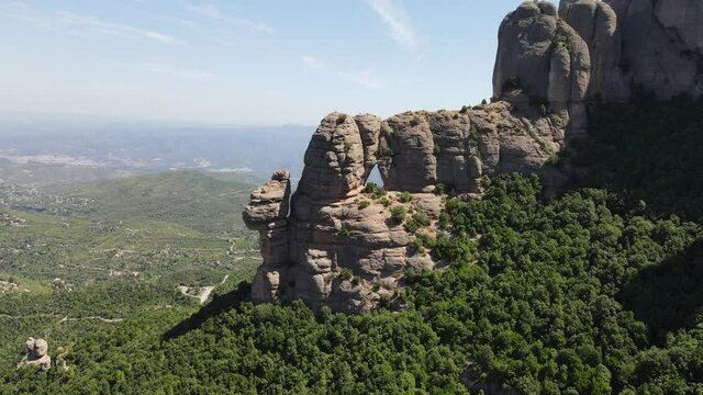 Aerial views of Montserrat peaks, a mountain range in Catalonia