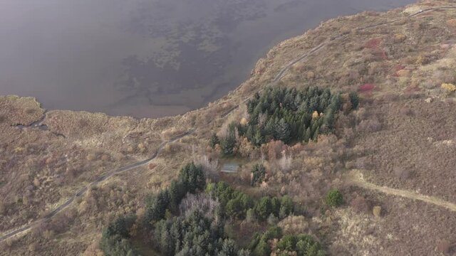 Aerial at shore of serene lake Vifilsstadavatn in Iceland