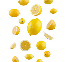 Falling delicious lemons on white background