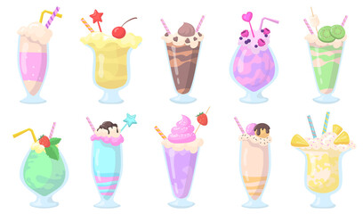 Exotic milkshakes in glasses with straws flat item set. Different cartoon sweet delicious drinks with fruits, berries, syrup isolated vector illustration collection. Beverages and dessert concept