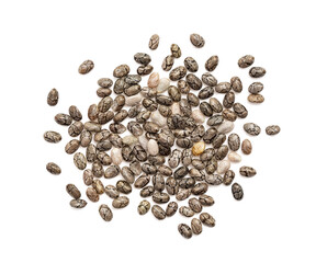 Small pile of chia seeds seen directly from above and isolated on white background with shadows