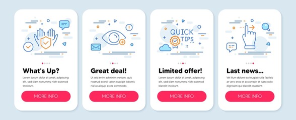 Set of Business icons, such as Insurance hand, Farsightedness, Quick tips symbols. Mobile screen mockup banners. Touchscreen gesture line icons. Full coverage, Eye vision, Helpful tricks. Vector