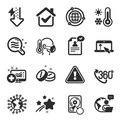 Set of Science icons, such as Energy drops, Recovery hdd, Swipe up symbols. Coronavirus, Medical tablet, Skin condition signs. 360 degree, Weather thermometer, Sick man. Medical analytics. Vector