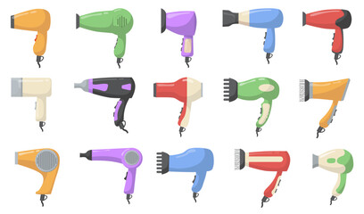 Various hair dryers set. Modern compact hairdryers, blowers, blowdryers. Vector illustrations for barber appliance, hairdressing, self care concept