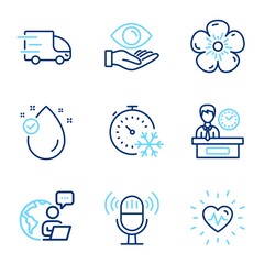 Business icons set. Included icon as Presentation time, Health eye, Freezing timer signs. Natural linen, Microphone, Truck delivery symbols. Vitamin e, Heartbeat line icons. Line icons set. Vector