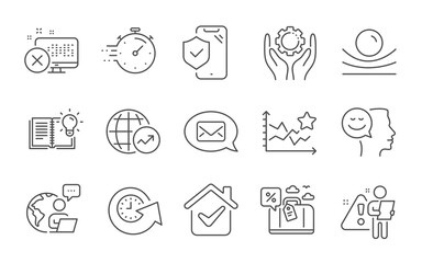World statistics, Update time and Phone insurance line icons set. Reject access, Employee hand and Messenger signs. Ranking stars, Good mood and Elastic material symbols. Line icons set. Vector