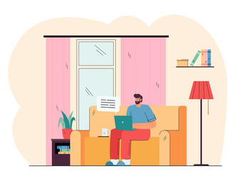 Positive man sitting on sofa and working on laptop flat vector illustration. Cartoon bearded guy having chat via computer at home. Freelance and communication concept