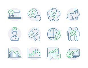 Science icons set. Included icon as Doctor, Candlestick graph, Accounting signs. Investment graph, Capsule pill, Animal tested symbols. Online help, Employees teamwork, Ab testing. Vector