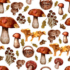 Mushrooms, autumn, forest. Seamless patern. Hand drawn watercolor illustration. Wildlife, leaves, acorns. Print, textiles, menus, food.