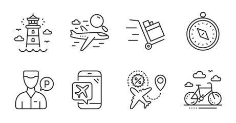 Push cart, Valet servant and Bike rental line icons set. Flight mode, Travel compass and Search flight signs. Lighthouse symbol. Express delivery, Parking man, Bicycle. Transportation set. Vector