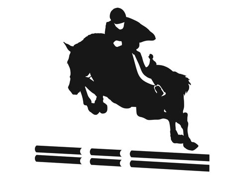 recommend clip art: Equestrian show jumping, vector silhouette of a rider and horse at the moment of jumping over an obstacle