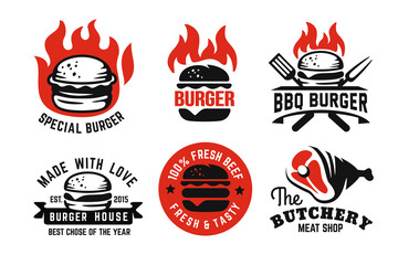burger emblem on fire set for menu - obrazy, fototapety, plakaty