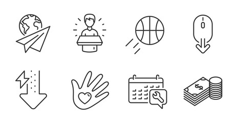 Basketball, Scroll down and Social responsibility line icons set. Brand ambassador, Spanner and Paper plane signs. Energy drops, Savings symbols. Sport ball, Mouse swipe, Helping hand. Vector