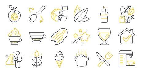 Set of Food and drink icons, such as Coffee machine, Pecan nut, Wine glass symbols. Cappuccino cream, Ice cream, Food signs. Mint bag, Gluten free, Americano. Medical food, Cooking spoon. Vector