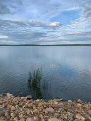 The rocky shore of the lake