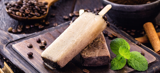 coffee popsicle, home made sweet ice cream, Cappuccino Popsicle. Rare, gourmet ice cream