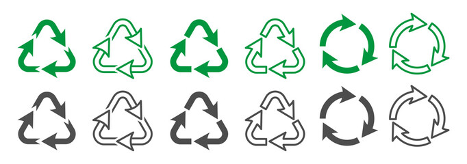 Set of Recycle icons, eco symbols. Green recycling, black recycling and rotation arrow icon pack. Vector illustration.