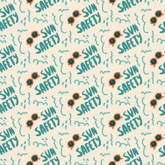 Background Security in the sun. Pattern on the beach with glasses and lettering. Vector images hand-drawn sun glasses. Cartoon beach texture design for your textiles. Vector illustration