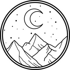 Mountain range at night line art badge