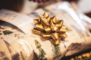 A ribbon bow on a Christmas present with the focus on the bow