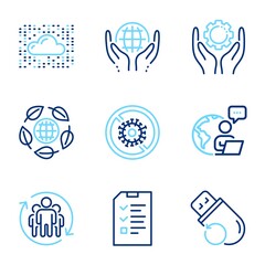 Science icons set. Included icon as Stop coronavirus, Eco organic, Employee hand signs. Flash memory, Cloud system, Teamwork symbols. Organic tested, Interview line icons. Line icons set. Vector