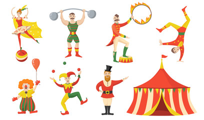 Cheerful circus character and performers flat set for web design. Cartoon acrobat, clown, juggler strongman isolated vector illustration collection. Carnival and circus arena concept