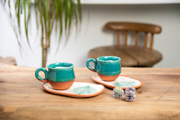 hand made ceramic Turkish coffee cups on the table