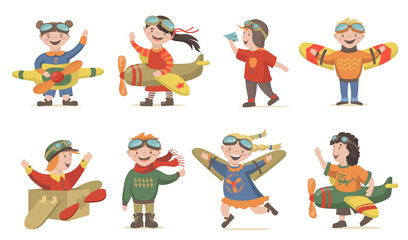 Children playing air crew set. Cheerful boys and girls wearing pilots costume and handmade toy planes. Vector illustrations for childhood, game, aviation, imagination concept