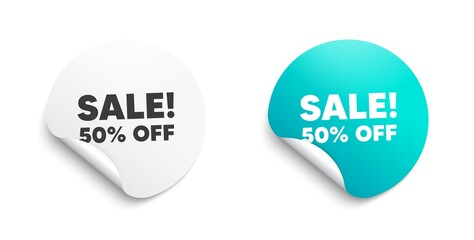 Sale 50 percent off discount. Round sticker with offer message. Promotion price offer sign. Retail badge symbol. Circle sticker mockup banner. Sale badge shape. Adhesive offer paper banner. Vector