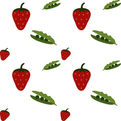 Seamless background pattern with red strawberry and green peas on the white color.