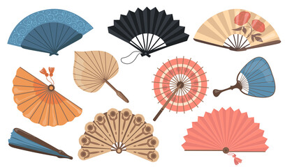 Hand fans set. Chinese and Japanese paper fans, vintage Asian accessories. Vector illustrations for fashion, original decoration, oriental culture concept
