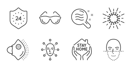 Stay home, Skin condition and Medical mask line icons set. 24 hours, Face biometrics and Coronavirus signs. Face recognition, Eyeglasses symbols. Quality line icons. Stay home badge. Vector
