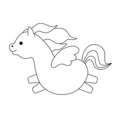 Black line art cute pegasus isolated on white background. Flat design for poster or t-shirt. Vector illustration