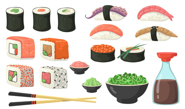 Different sushi, rolls and nigiri flat set for web design. Cartoon susi with shrimp, salmon and eel isolated vector illustration collection. Japanese food, cooking and cuisine concept