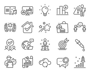 Education icons set. Included icon as Cloud sync, Chemistry pipette, Target goal signs. Success, Employees messenger, Decreasing graph symbols. Candlestick chart, Ranking, Approved group. Vector