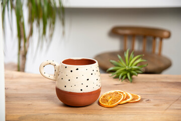 colorful coffee cup on wooden table