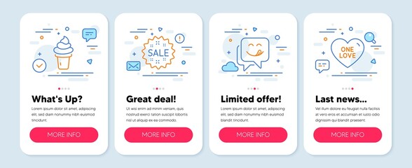 Set of Holidays icons, such as Yummy smile, Ice cream, Sale symbols. Mobile screen banners. One love line icons. Emoticon, Vanilla waffle, Shopping star. Sweet heart. Yummy smile icons. Vector