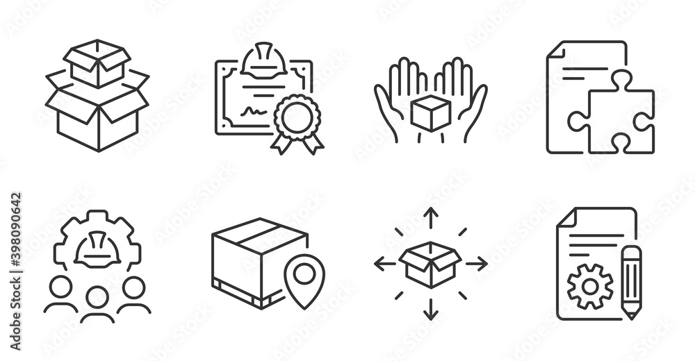 Poster documentation, parcel delivery and packing boxes line icons set. certificate, engineering team and p