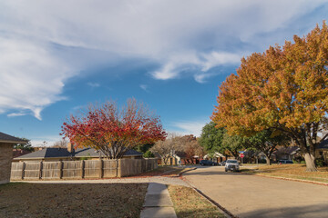 Empty sidewalk and quite neighborhood street with row of suburban house and colorful fall foliage in Texas, USA