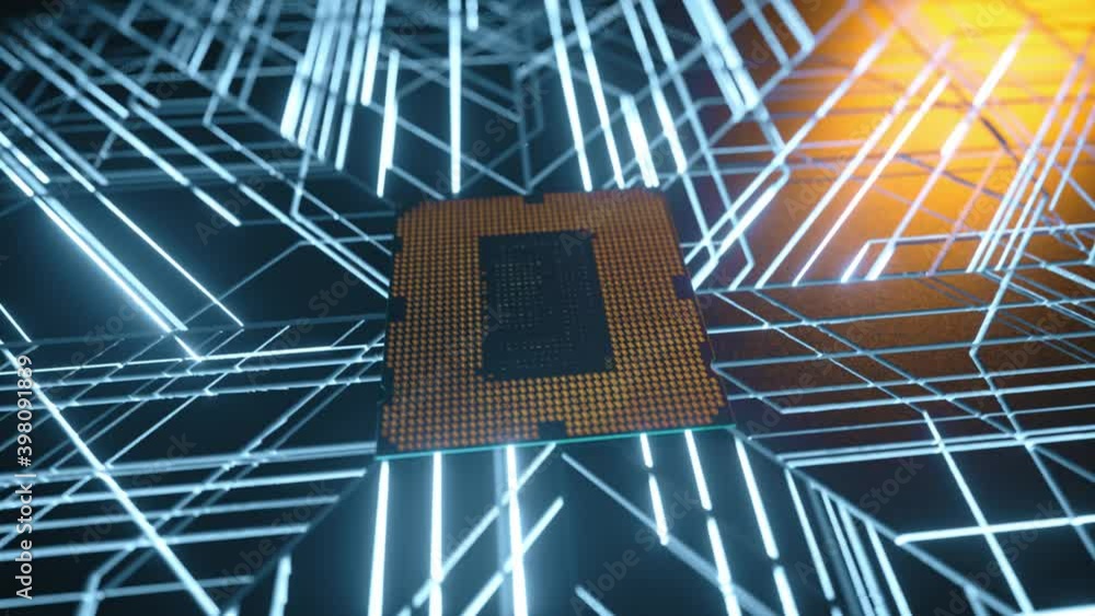 Poster a computer processor with millions of connections and signals. technology cpu background. pulses and
