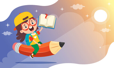 Funny Kid Flying On Colorful Pencil