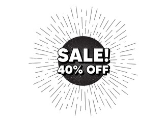 Sale 40 percent off discount. Vintage star burst banner. Promotion price offer sign. Retail badge symbol. Hipster sun with rays. Retro vintage starburst element. Sunburst rays. Sale banner. Vector