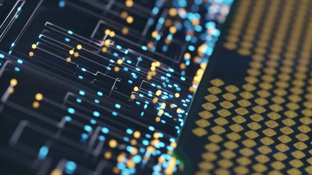 A computer processor with millions of connections and signals. Technology cpu background. Pulses and signals from the chip propagate through the motherboard. 3d animation