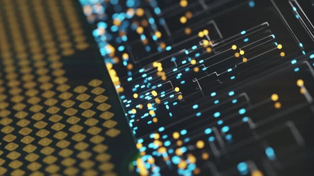 A computer processor with millions of connections and signals. Technology cpu background. Pulses and signals from the chip propagate through the motherboard. 3d animation