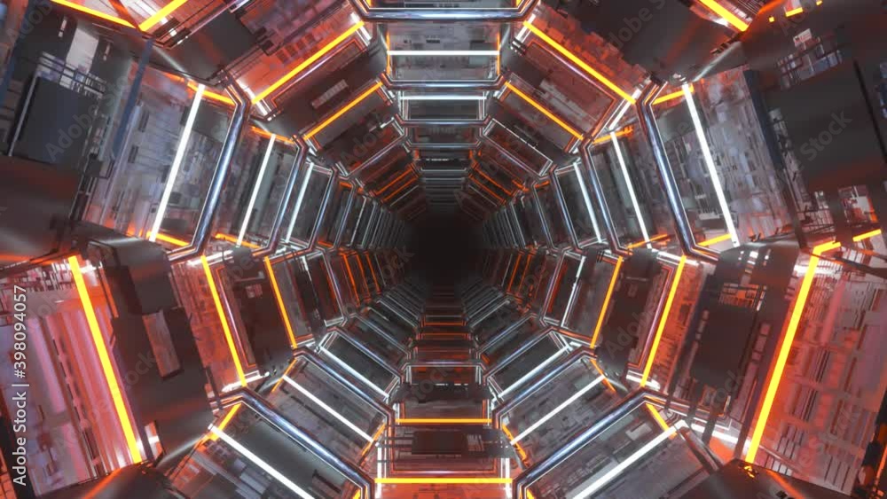 Poster endless corridor of the future. spaceship. neon lighting. flying in the tunnel. seamless loop 3d ren