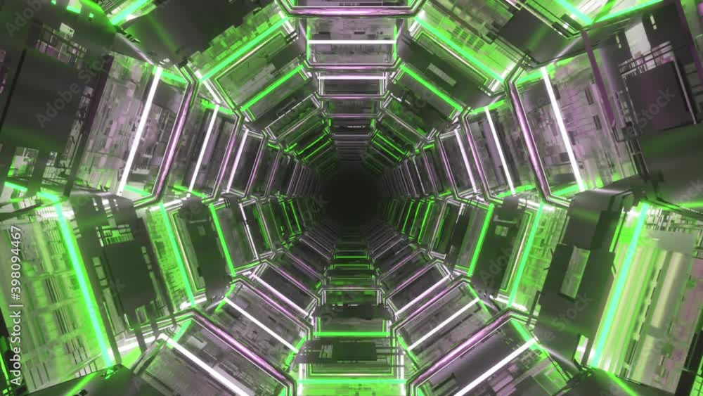 Poster endless corridor of the future. spaceship. neon lighting. flying in the tunnel. seamless loop 3d ren