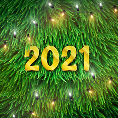 Happy New Year 2021 gold text on Christmas tree background, vector illustration