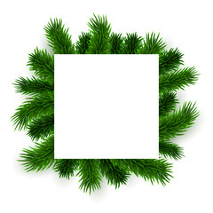 Fototapeta na wymiar Square Christmas blank banner decorated with green fir tree branches, vector illustration